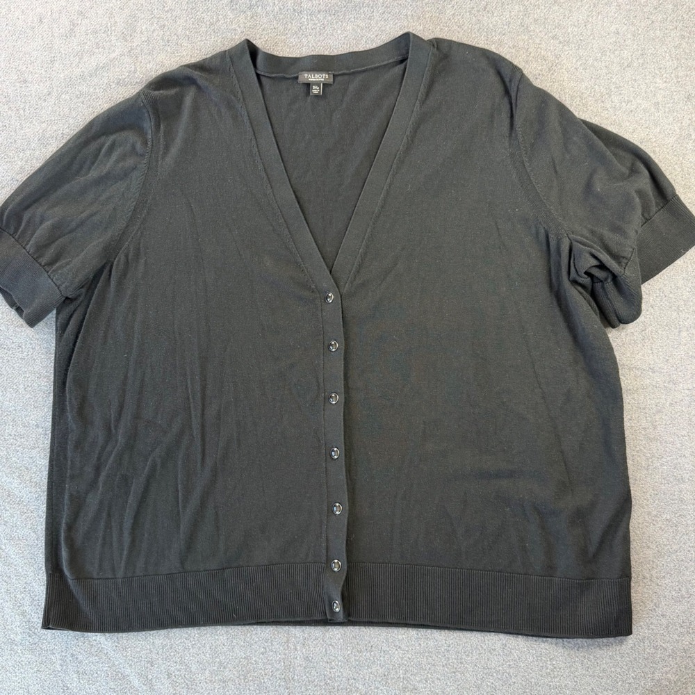 Talbots Cardigan Womens 3Xp Black Short Sleeve V-Neck Button Front Knit Sweater